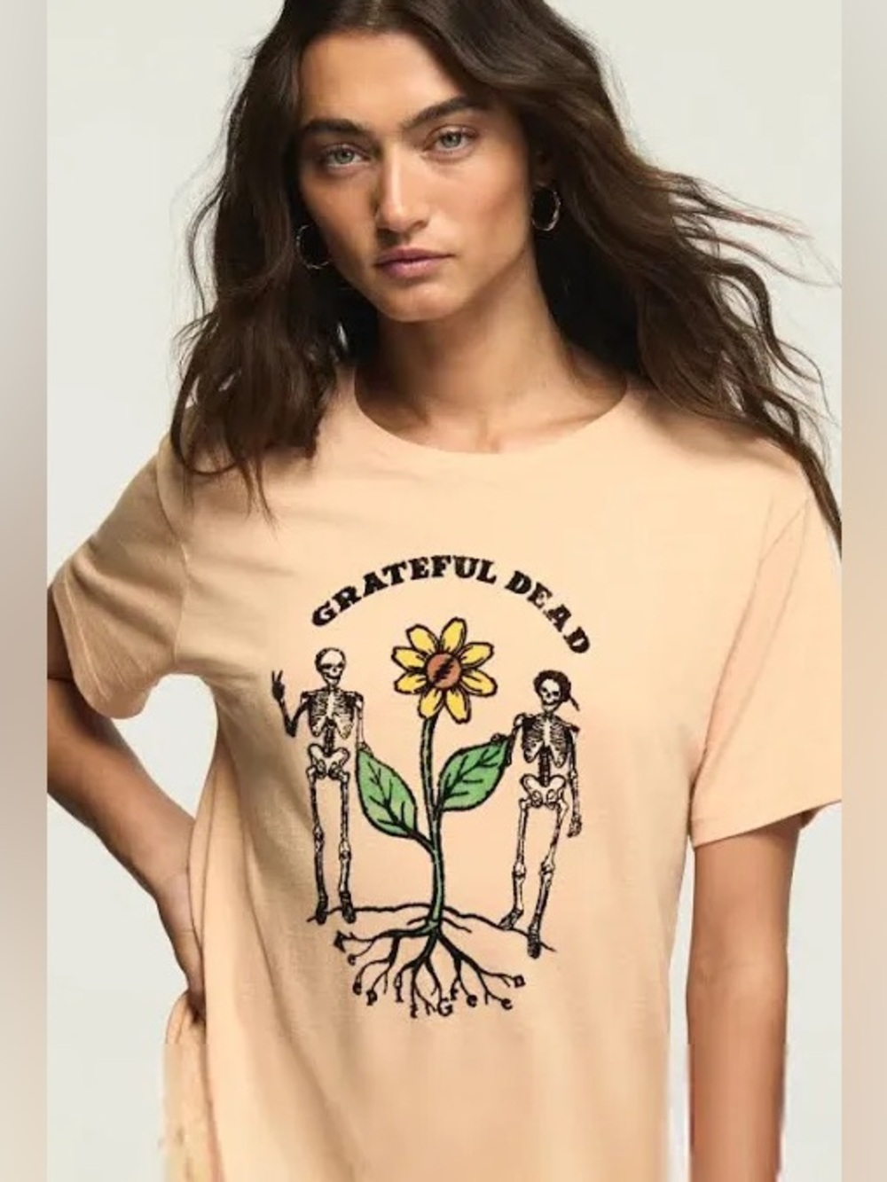 NWT Lucky Brand Peach Grateful Dead Short-Sleeve Tee with Sunflower & Skeletons